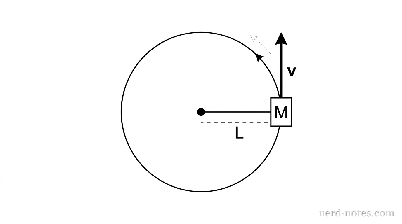 A top-down view of a block of mass M moving in a circular path of radius L on a horizontal surface. A string connects the block to a central pivot point. A velocity vector v is shown tangent to the circle at the block's position.