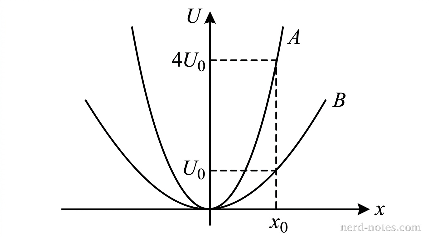 A graph of potential energy U versus displacement x. The origin (0,0) is at the center of the x-axis. Two parabolas, labeled A and B, open upward from the origin. Parabola A is steeper than Parabola B. A vertical dashed line at displacement x_0 intersects Parabola B at a point corresponding to potential energy U_0 on the vertical axis. The same vertical dashed line intersects Parabola A at a point corresponding to potential energy 4U_0 on the vertical axis.
