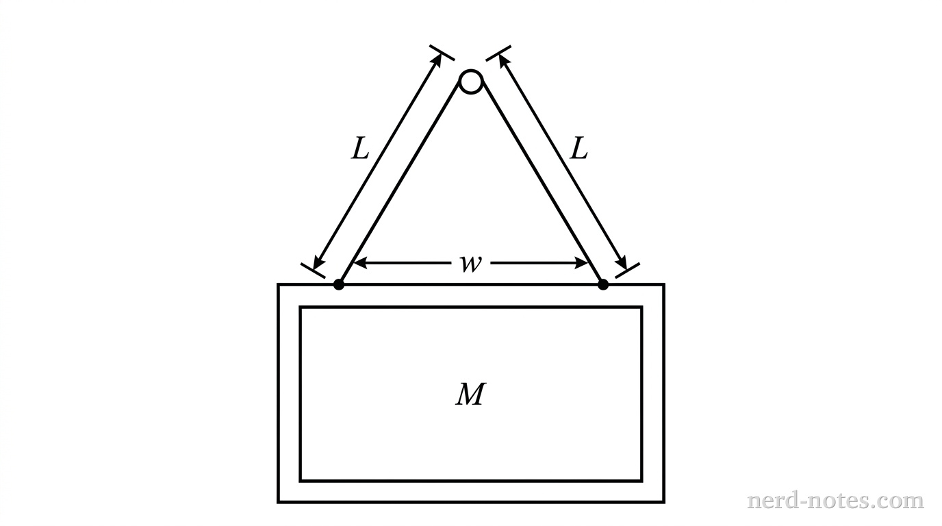 A rectangular frame of mass M is shown. A wire is attached to two points on the top edge of the frame, separated by a horizontal distance w. The wire goes up to a small circular peg centered horizontally between the attachment points. The wire forms an isosceles triangle with the top of the frame. The total length of the wire is L.