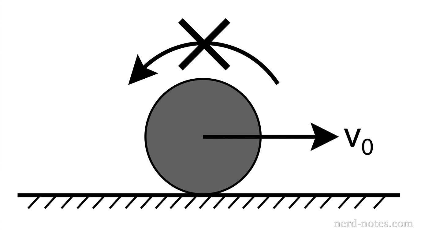 A solid sphere is positioned on a horizontal surface. An arrow labeled v_0 points from the center of the sphere to the right. A curved arrow indicating rotational motion is placed above the sphere but is crossed out with an X. The horizontal surface is indicated by a line with small hatch marks underneath to show it is rough.