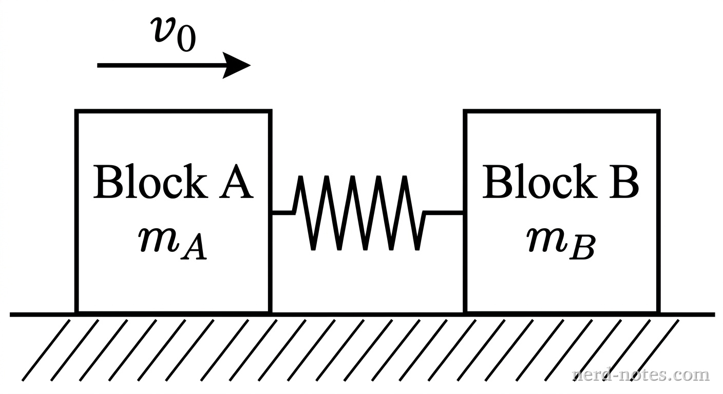 A 2D side-view diagram showing a horizontal solid line representing a surface. On the left side of the surface is a rectangular block labeled 'Block A' with 'm_A' written inside it. Above Block A is a right-pointing arrow labeled 'v_0'. A zigzag line representing a spring is firmly attached to the right vertical face of Block A. To the right of the spring, separated by a small gap, is a second rectangular block labeled 'Block B' with 'm_B' written inside it. There are no arrows above Block B.
