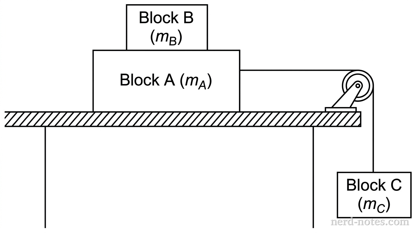 A horizontal table with a pulley attached at its rightmost edge. On the table sits a large rectangular block labeled 'Block A (m_A)'. Resting directly on top of Block A is a smaller rectangular block labeled 'Block B (m_B)'. A horizontal string is attached to the right side of Block A, runs to the right, passes over the pulley, and hangs straight down. Attached to the hanging end of the string is a third rectangular block labeled 'Block C (m_C)'.
