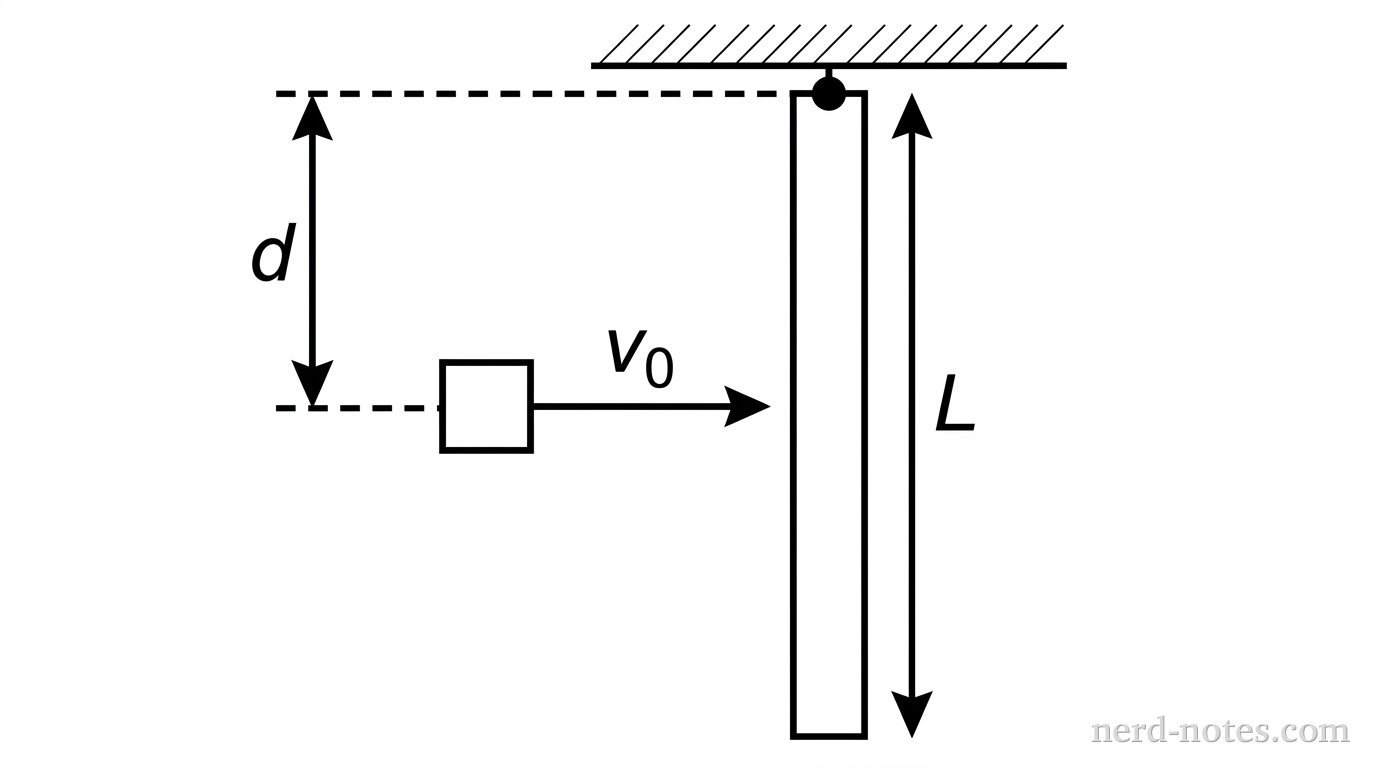 A vertical rectangular rod suspended from a small circular pivot at its very top edge. The length of the rod is labeled L. To the left of the rod, a small square block is drawn moving to the right. A horizontal arrow labeled v_0 points from the block toward the rod. The vertical distance from the horizontal path of the block to the top pivot is indicated with a dashed line and labeled d.