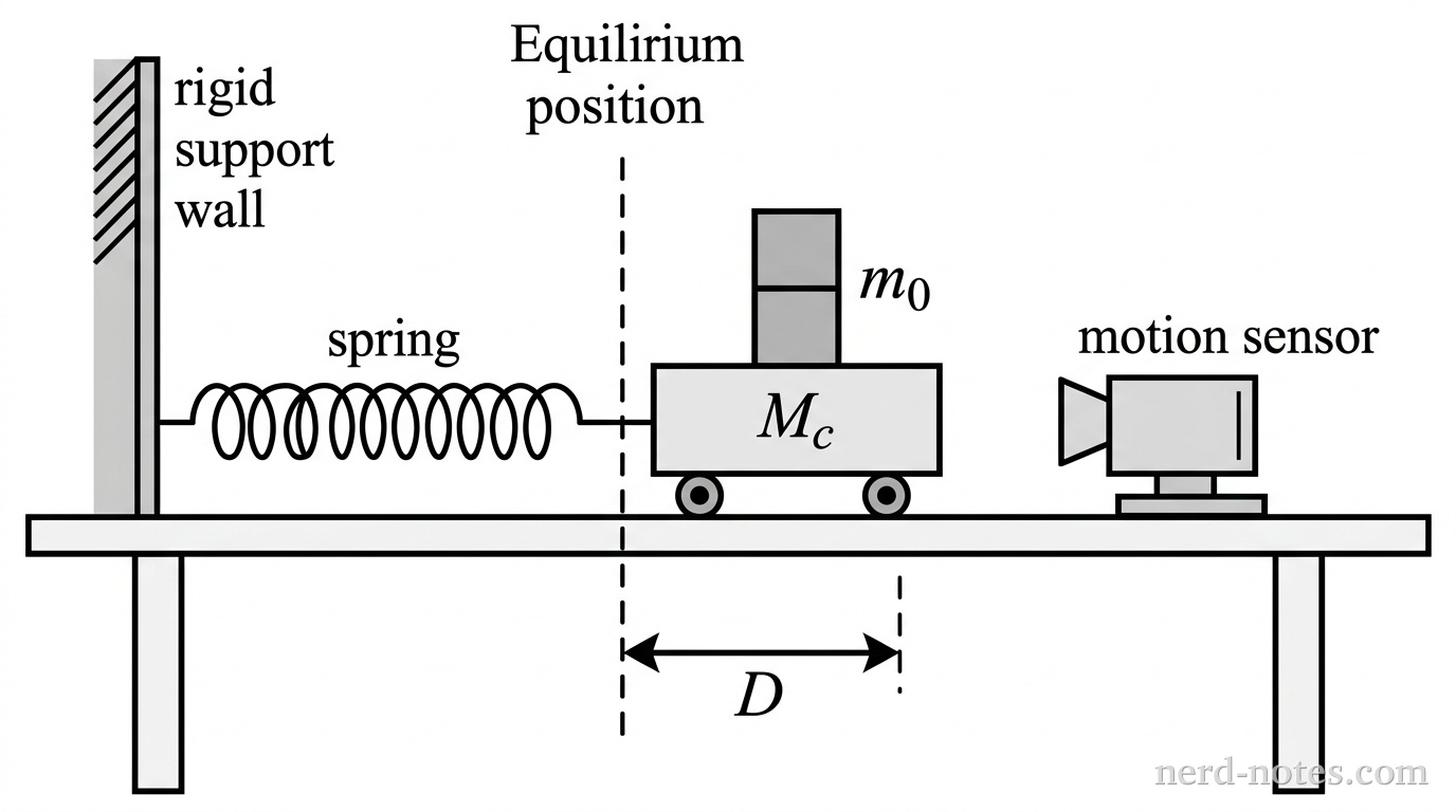 A side-view diagram of a horizontal track. On the left end of the track is a vertical rigid support wall. A horizontal coiled spring is attached to the wall. The other end of the spring is attached to a rectangular cart labeled 'M_c'. On top of the cart are two smaller square blocks stacked together, labeled 'm_0'. To the right of the cart is a motion sensor facing the cart. A vertical dashed line indicates the equilibrium position of the spring, with a double-headed arrow labeled 'D' showing the distance the cart has been pulled to the right.