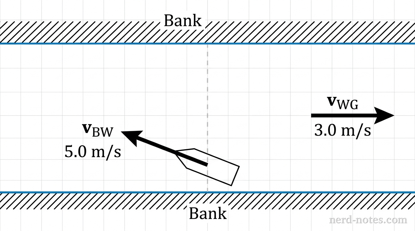 A top-down view of a river with parallel banks. A vector labeled v_WG points to the right (downstream) with a magnitude of 3.0 m/s. A boat on the lower bank is oriented at an angle pointing upstream (to the left and across). A vector labeled v_BW represents the boat relative to the water with a magnitude of 5.0 m/s. A vertical dashed line indicates the intended path directly across the river, perpendicular to the current.
