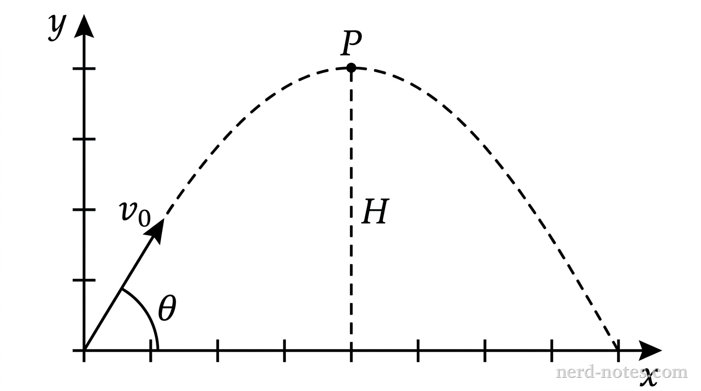 The trajectory of a projectile launched at an angle reaching height H.