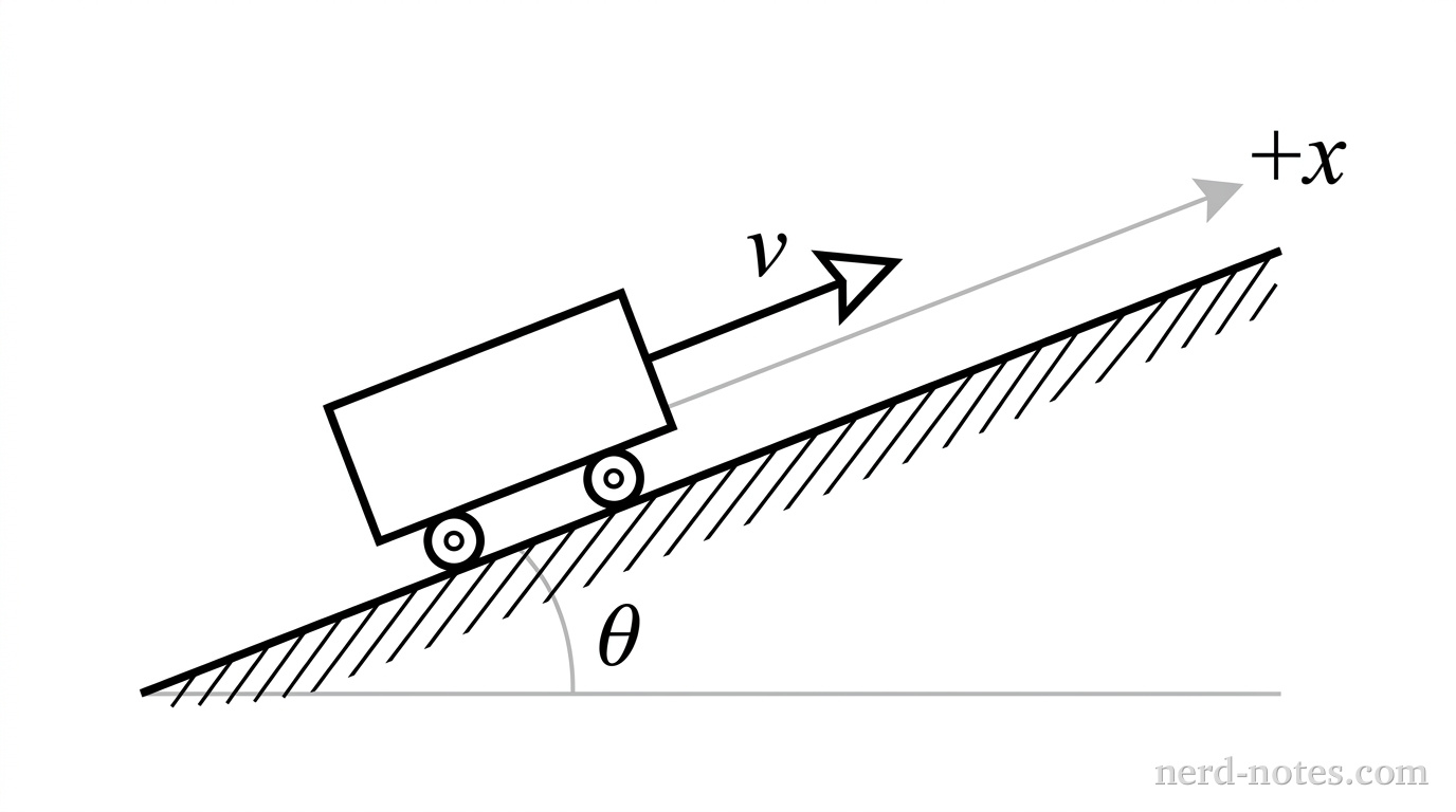 A cart moving up a frictionless ramp before reaching its turnaround point.
