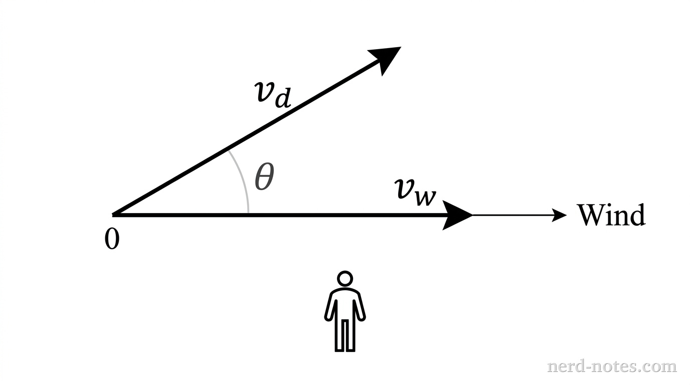 Vector representation of the drone's velocity relative to the air and the wind's velocity relative to the ground.