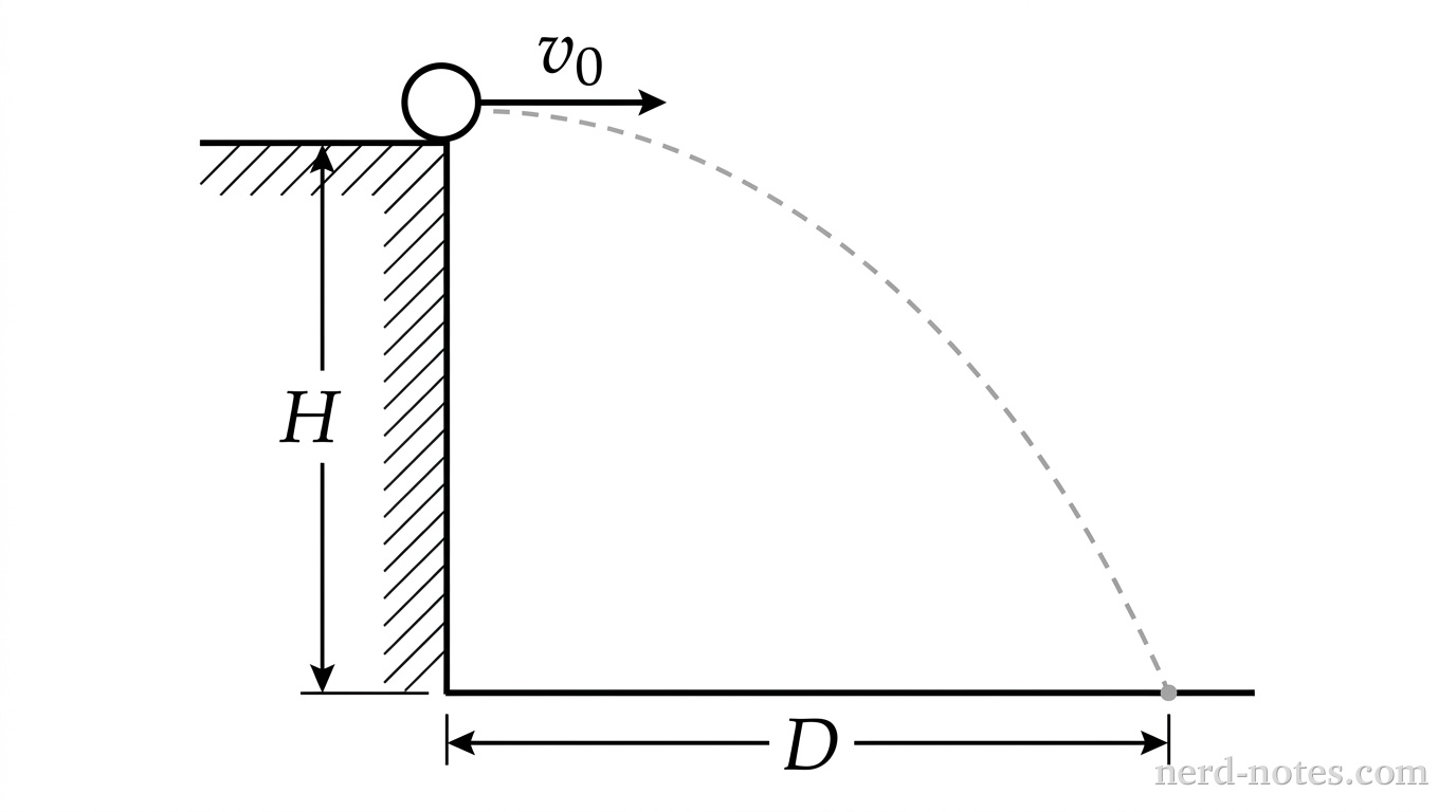 Trajectory of a ball launched horizontally from a cliff of height H.