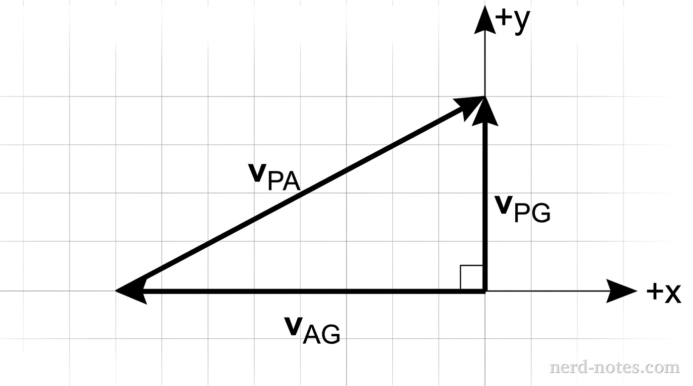 Vector relationship between airplane velocity relative to air, wind velocity, and ground velocity.