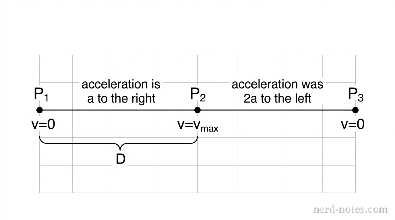 A horizontal motion diagram of a cyclist. Point P1 is at the start (v=0). Point P2 is a distance D to the right of P1 (v=v_max, acceleration is a to the right). Point P3 is at the final stop (v=0, acceleration was 2a to the left between P2 and P3). A bracket below P1 and P2 is labeled D.
