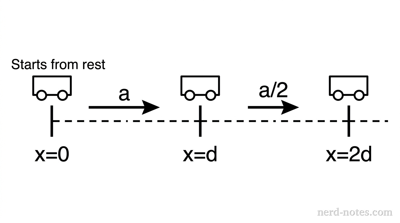 A horizontal diagram showing two sequential stages of motion. A vehicle starts at position x=0 from rest. The first segment from x=0 to x=d is labeled with an acceleration vector 'a' pointing to the right. The second segment from x=d to x=2d is labeled with an acceleration vector 'a/2' also pointing to the right. The final position of interest is at x=2d.