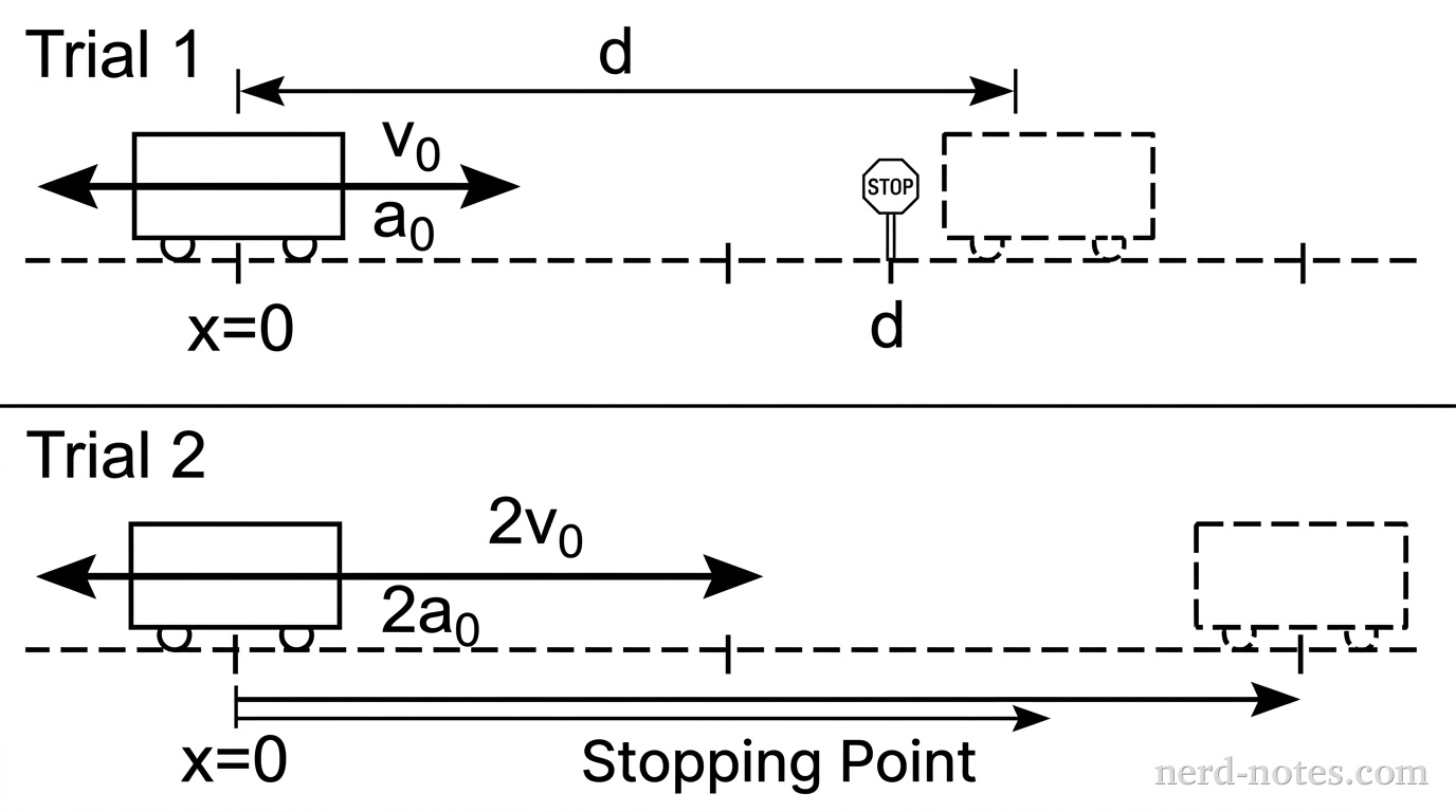 A two-part horizontal diagram showing two separate trials for a train on a track. In Trial 1, a train is at x = 0 moving to the right with a velocity vector labeled v_0; a stop sign is placed at distance d where the train comes to rest. In Trial 2, the same train is at x = 0 moving to the right with a velocity vector twice as long, labeled 2v_0; a stopping point is shown further to the right. Both trials show leftward acceleration vectors: in Trial 1, the acceleration is labeled a_0, and in Trial 2, the acceleration vector is twice as long and labeled 2a_0.