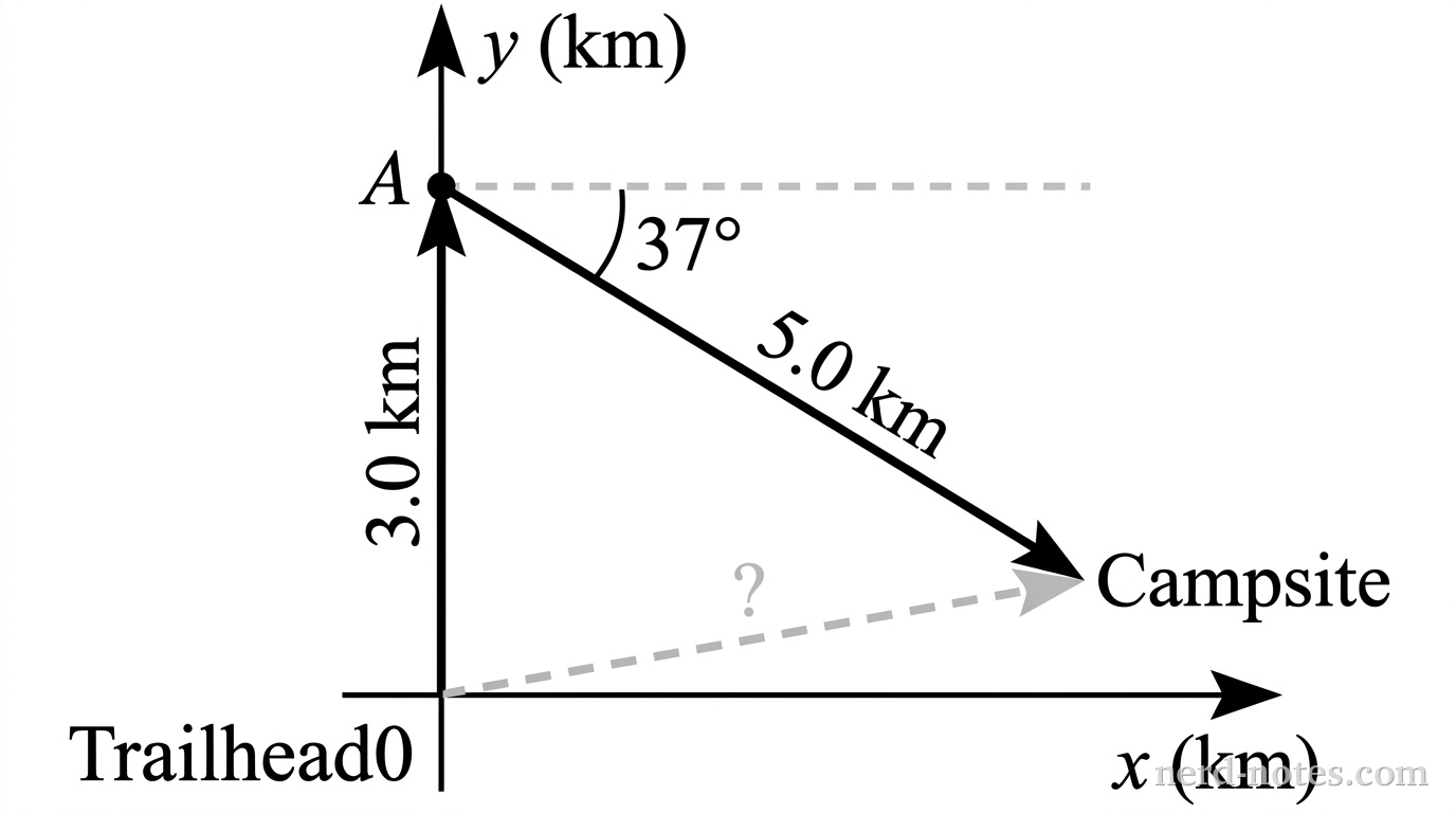 A coordinate system with the origin (0,0) labeled 'Trailhead'. A vector labeled '3.0 km' points from the origin straight up to point A on the y-axis. At point A, a dashed horizontal line extends to the right. A second vector labeled '5.0 km' points from point A down and to the right, making a 37-degree angle with the dashed horizontal line. This vector ends at a point labeled 'Campsite' which lies on the positive x-axis. A dashed vector labeled with a question mark represents the direct path from the Trailhead to the Campsite.