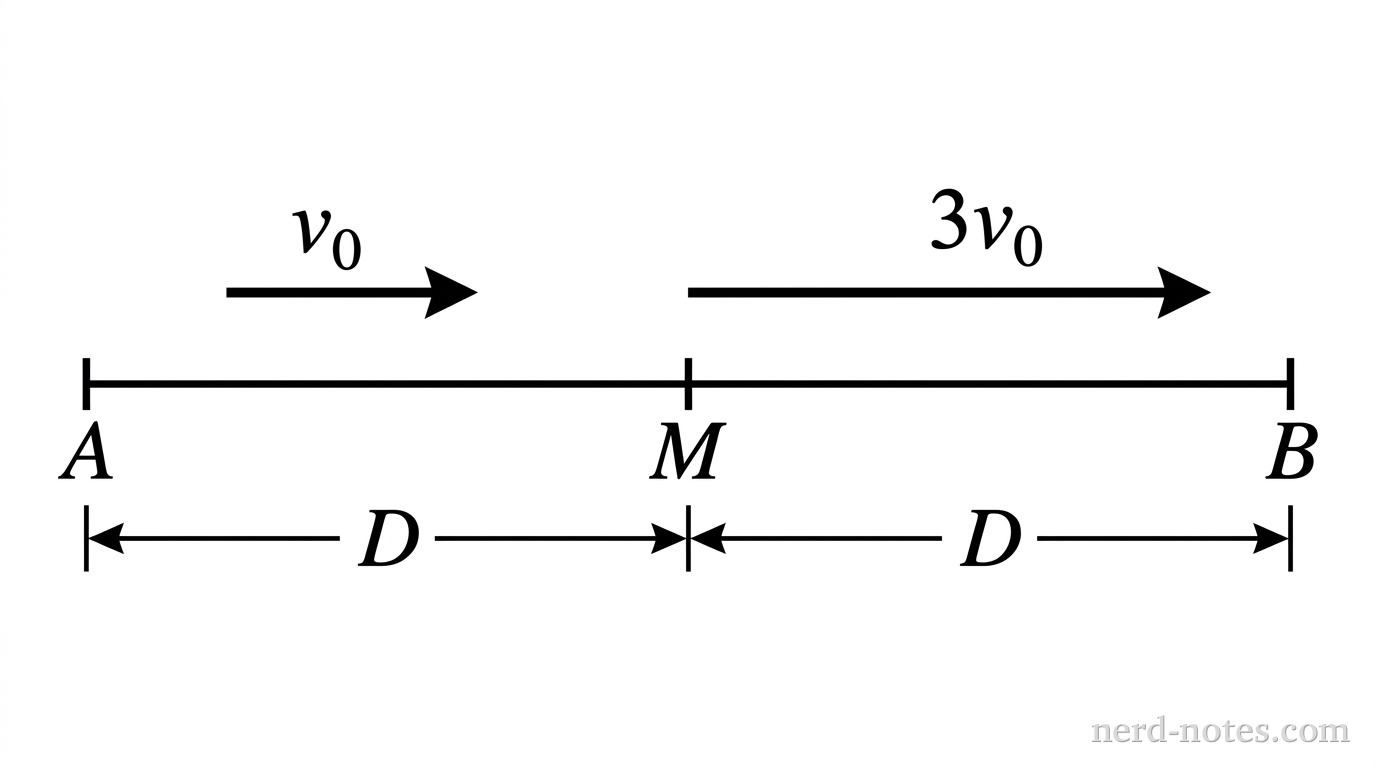 A horizontal line represents a road. Point A is on the far left, Point M is the midpoint, and Point B is on the far right. The distance between A and M is labeled D, and the distance between M and B is labeled D. Above the segment AM is a rightward-pointing arrow labeled v_0. Above the segment MB is a rightward-pointing arrow labeled 3v_0.