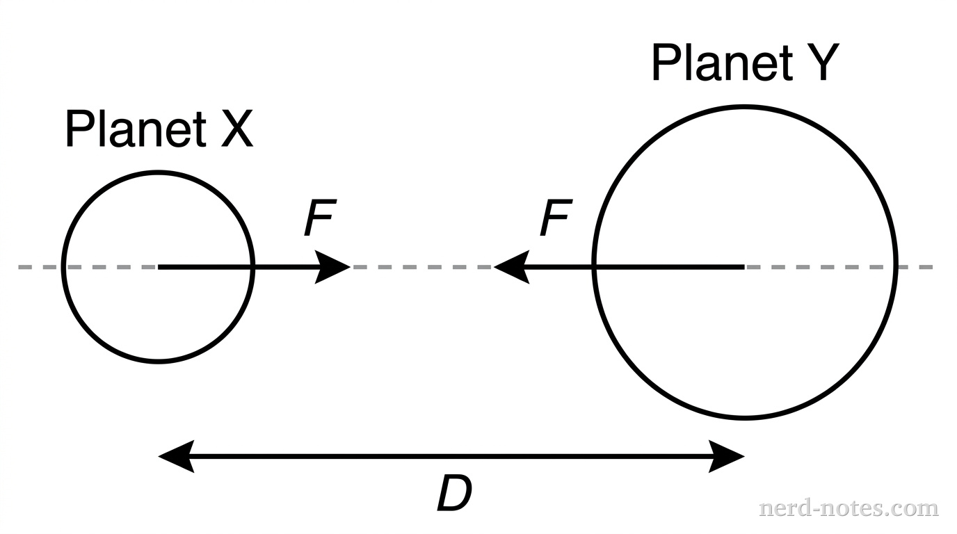 Two spheres labeled Planet X and Planet Y. A horizontal dashed line connects their centers, labeled with the distance D. Two equal-length arrows point toward each other from the centers of the planets, representing the mutual gravitational force F.
