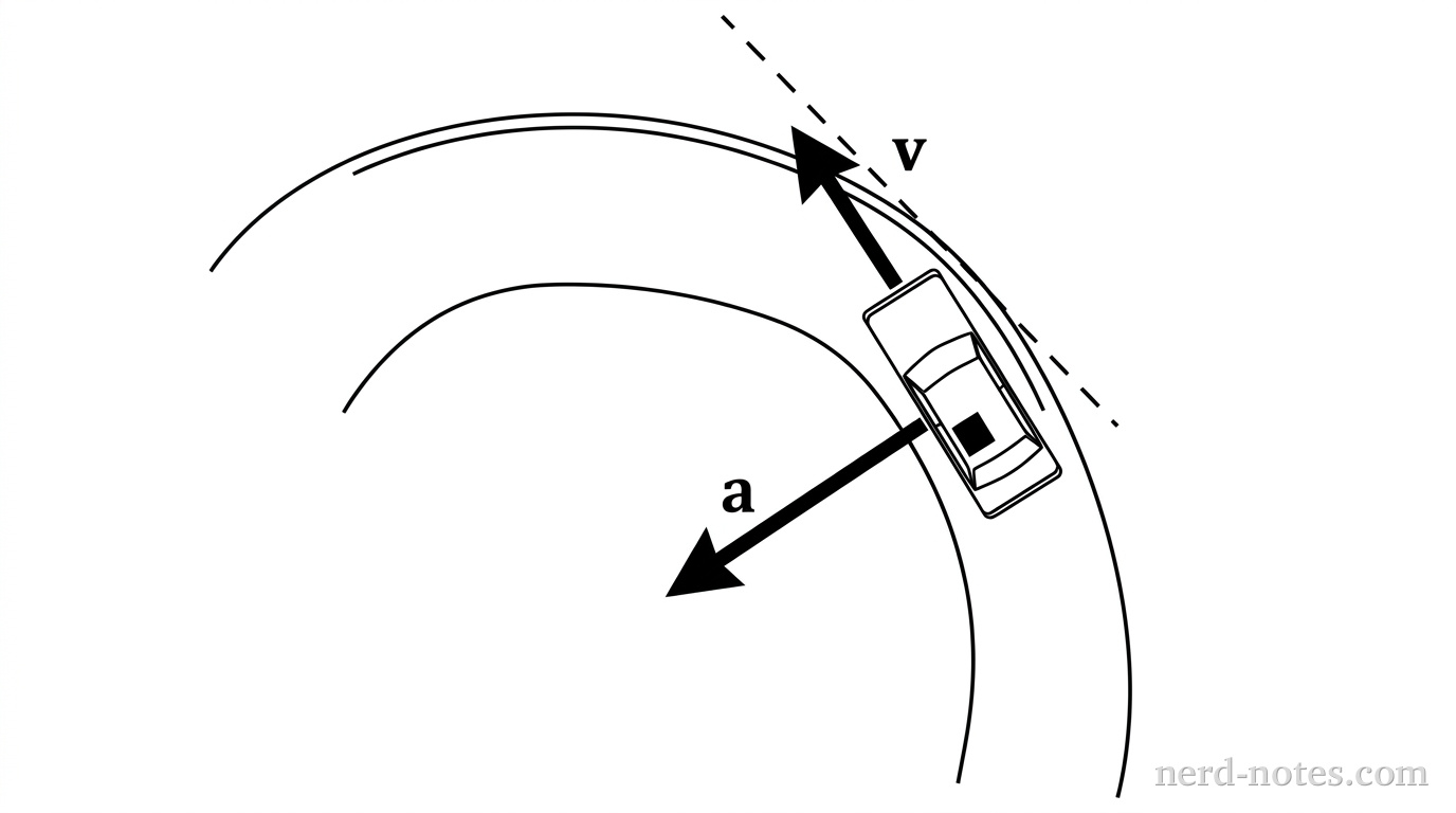 An overhead view showing a car moving along a circular path turning to the left (counter-clockwise). A dotted line extends from the car's original position, showing a straight-line path tangent to the circle. Inside the car, a small square represents the passenger. Arrows show the car's velocity vector pointing along the curve and an acceleration vector pointing toward the center of the circle on the left.