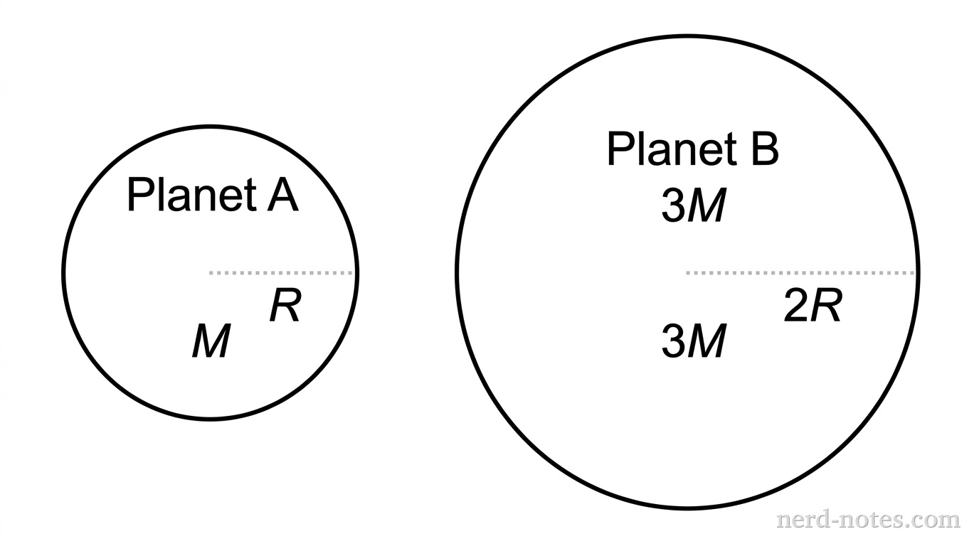 Two circular planets side-by-side. Planet A is smaller, labeled with mass M and radius R. Planet B is larger, labeled with mass 3M and radius 2R. Dotted lines indicate the radius from the center to the surface of each planet.