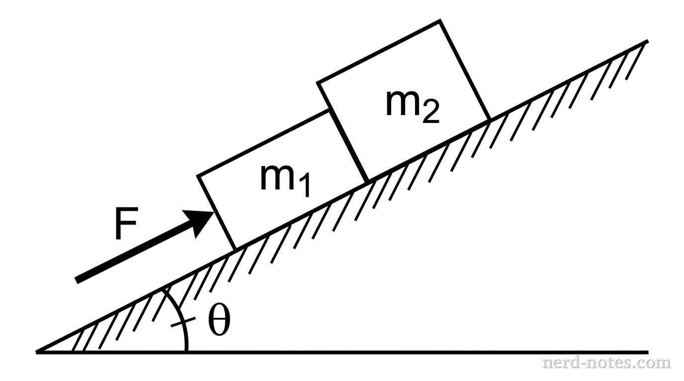 A ramp forms an angle theta with the horizontal. Two blocks, labeled m1 and m2, are in contact on the ramp's surface. Block m1 is lower on the ramp than m2. A large arrow labeled F points up the ramp, pushing against the bottom face of block m1.