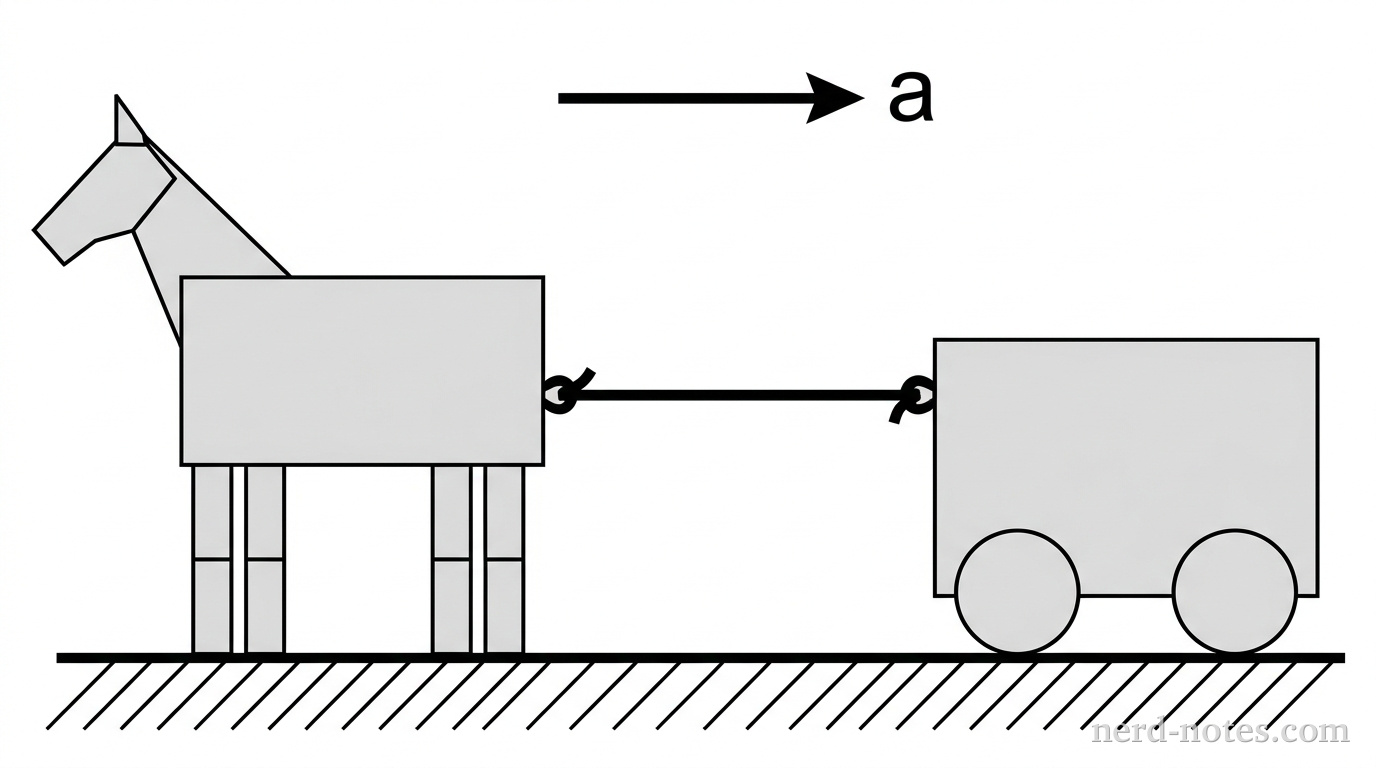 A side-view diagram showing a horse on the left and a cart on the right on a horizontal ground. A horizontal rope connects the two. An arrow labeled 'a' points to the right to indicate the direction of acceleration for the entire system. Labels F_HC and F_CH are not shown to avoid revealing the answer, but the physical setup is clearly depicted.