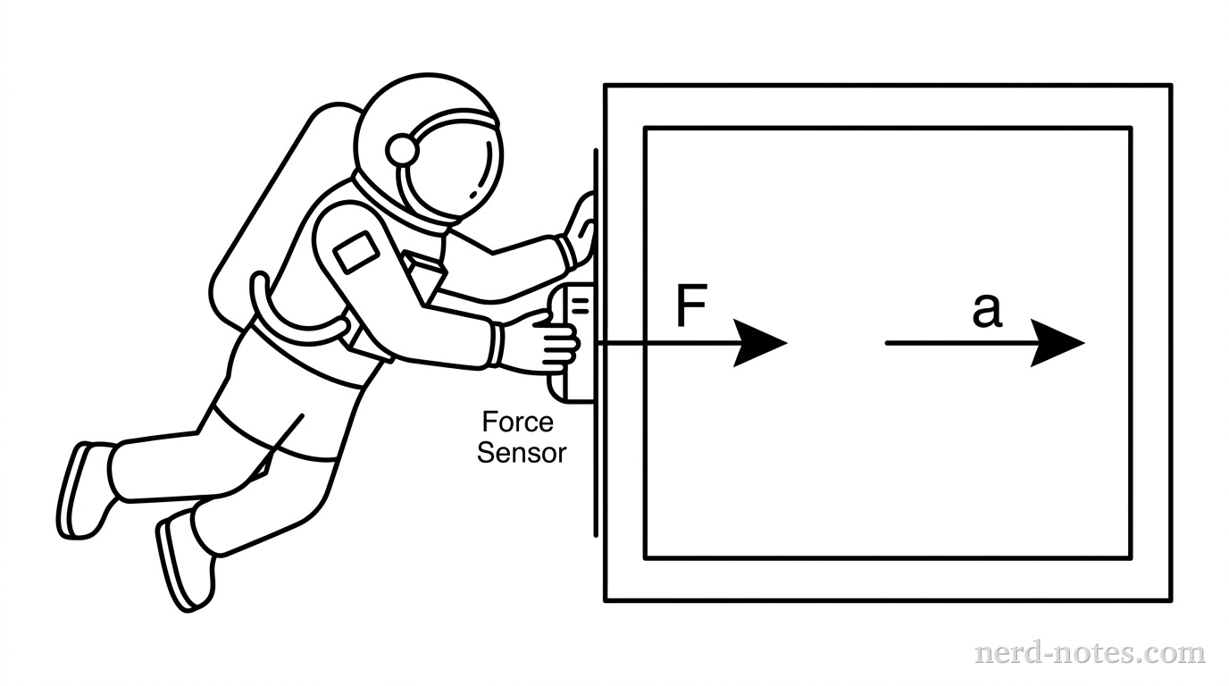 An astronaut in a space suit is floating in a dark void. The astronaut is pushing a large rectangular crate using a handheld device labeled Force Sensor. A vector arrow labeled F points to the right from the sensor into the crate. A smaller vector arrow labeled a points to the right from the center of the crate. No floor or other objects are visible.