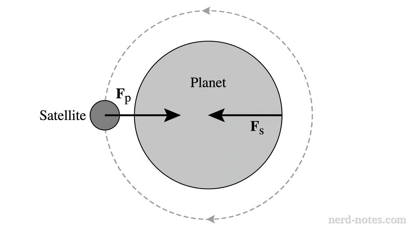 A small circular satellite is orbiting a large planet. An arrow labeled Fp points from the satellite toward the center of the planet. Another arrow labeled Fs points from the center of the planet toward the satellite.