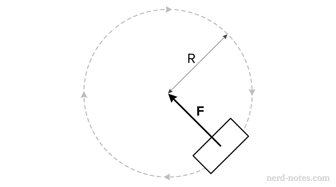 A top-down view of a rectangular car moving along a dashed circular path of radius R. A single vector arrow labeled F points from the center of the car directly toward the center of the circular path.