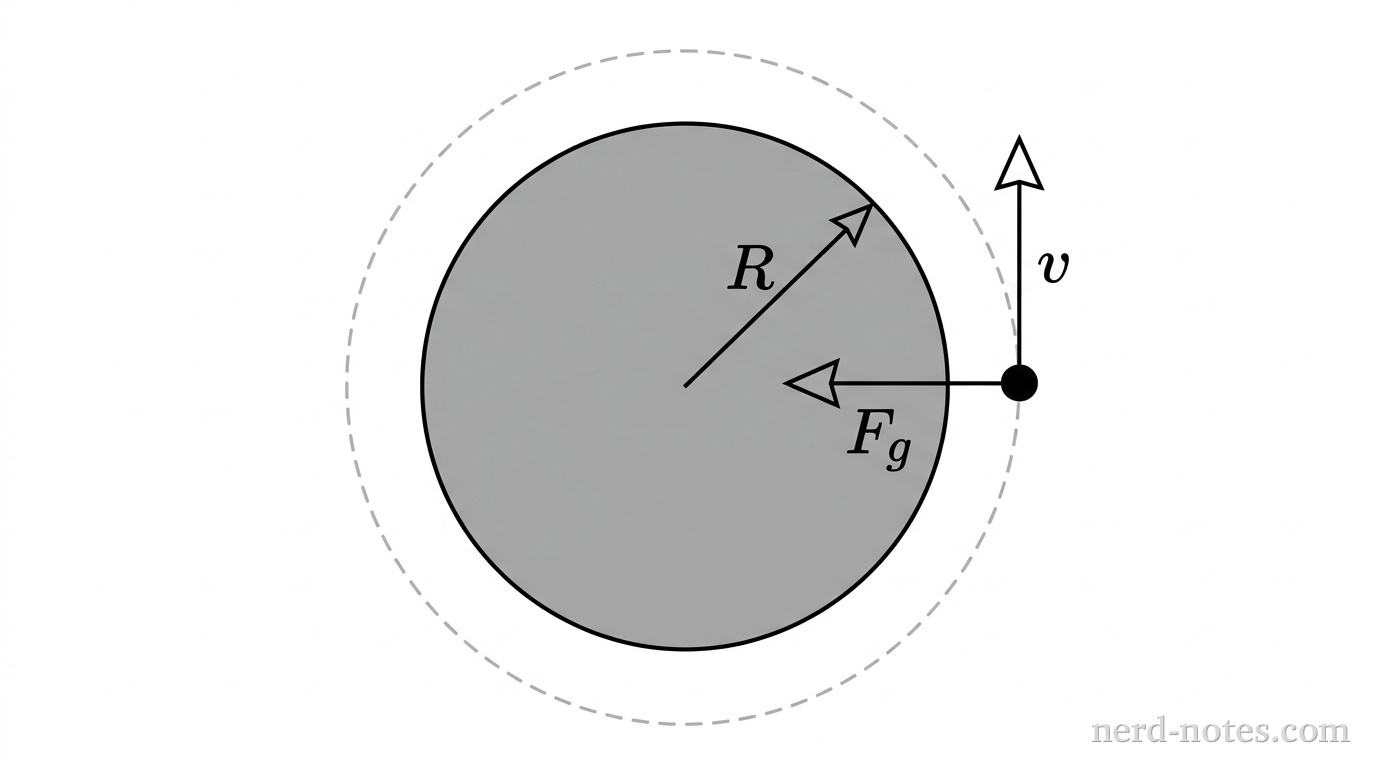A large grey circle representing a planet with radius R. A small moon, depicted as a small black dot, is positioned on a dashed circular line representing an orbit that is just slightly larger than the planet's circumference. A velocity vector v is shown tangent to the orbit, and a force vector Fg points from the moon directly toward the center of the planet.