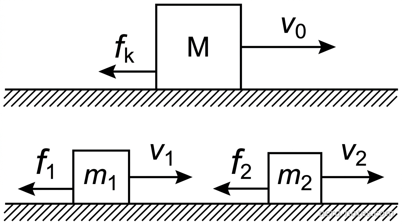 Two frames of a physical setup. Top frame: A single block labeled M moving to the right with a velocity vector v_0. A friction force arrow points to the left labeled f_k. Bottom frame: Two blocks, labeled m_1 and m_2, both moving to the right with velocity vectors v_1 and v_2. Each smaller block has its own friction force arrow, f_1 and f_2, pointing to the left. The blocks are on a single continuous horizontal line representing the surface.