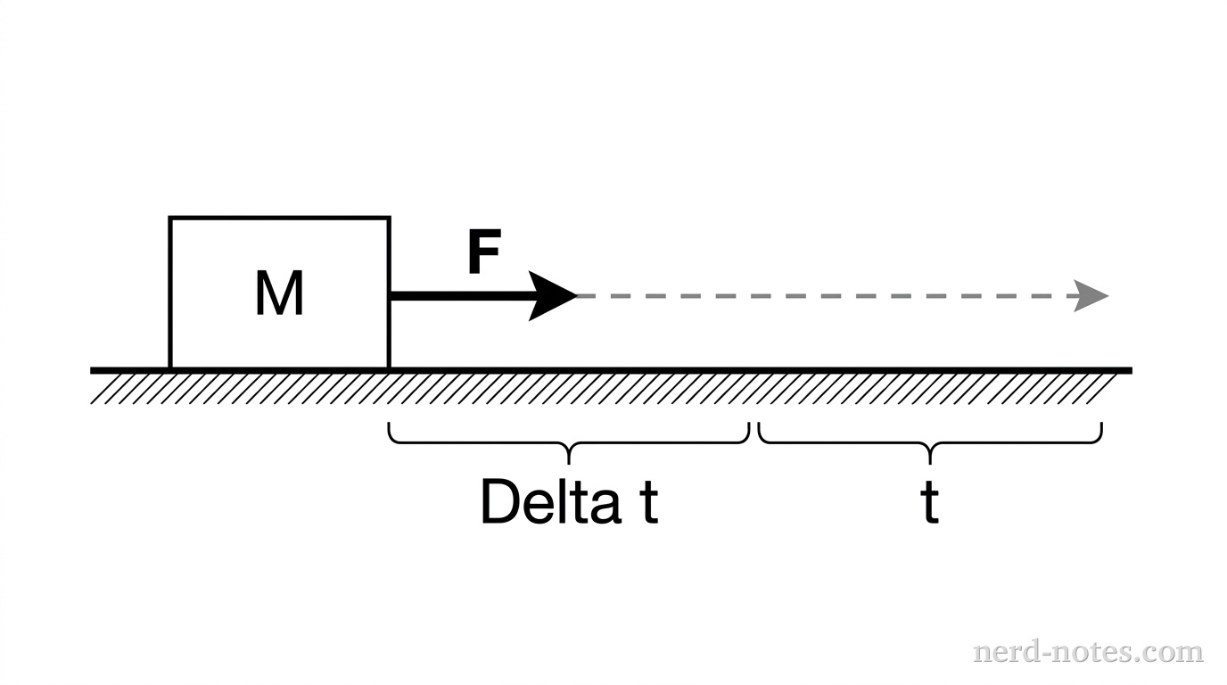 A rectangular block of mass M on a horizontal surface. A force vector arrow labeled F points to the right, acting on the block. A dashed line indicates the block's path to the right. A label below the first part of the path indicates a duration of Delta t, and a label below the subsequent part of the path indicates a duration of t.