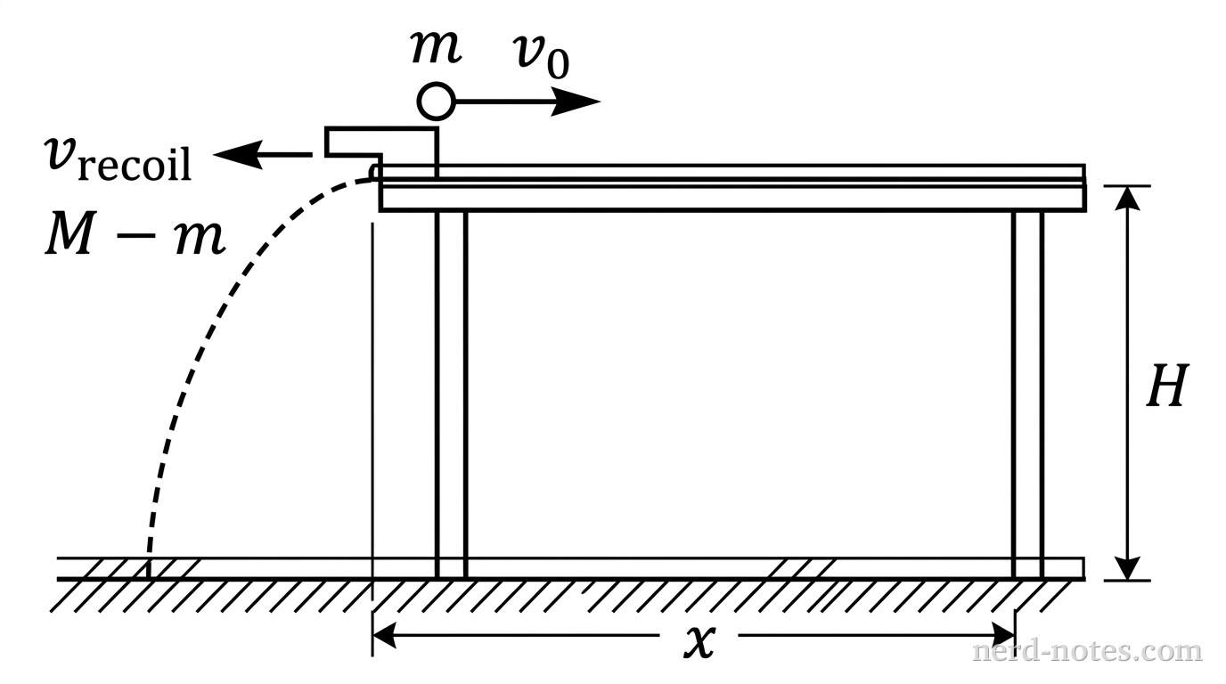 A side view shows a flat horizontal table of height H. On the far left edge of the table sits a launcher. A small projectile of mass m is shown moving to the right with velocity v_0. An arrow points to the left, indicating the launcher of mass M-m is recoiling. A dashed parabolic curve tracks the launcher's path as it falls from the left edge of the table to the ground below. The horizontal distance between the table's edge and the landing point is labeled x.
