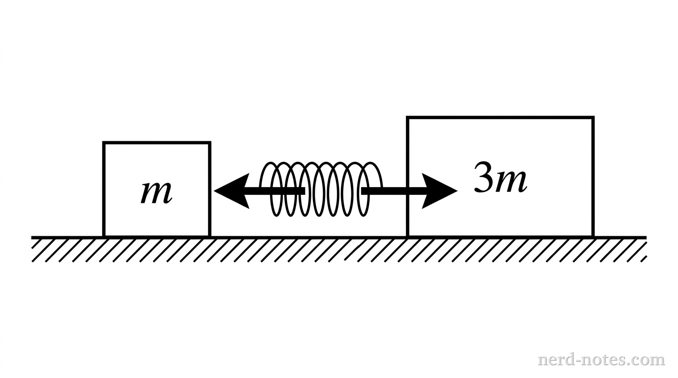 Two rectangular blocks on a horizontal surface. The left block is smaller and labeled m. The right block is larger and labeled 3m. A coiled spring is compressed between the two blocks. Two arrows point outward from the center of the spring toward each block, indicating the direction of the force the spring will exert upon release.