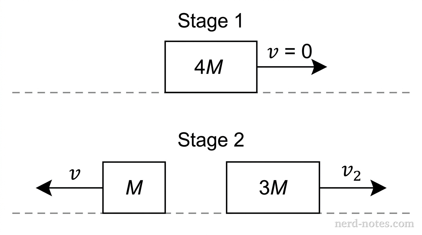 A two-stage diagram showing a block on a horizontal line. In Stage 1, a single rectangle labeled 4M is at rest. In Stage 2, the rectangle has split into two pieces: a smaller rectangle labeled M moving left with an arrow labeled v, and a larger rectangle labeled 3M moving right with an arrow labeled v2.