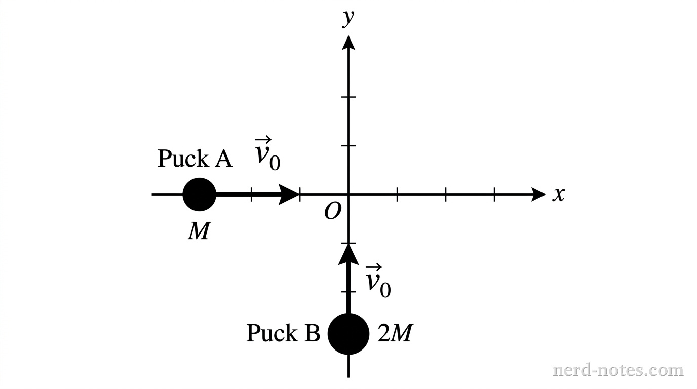 A top-down view of a Cartesian coordinate system. Puck A, labeled with mass M, is on the negative x-axis moving toward the origin with a velocity vector arrow labeled v0 pointing in the positive x-direction. Puck B, labeled with mass 2M, is on the negative y-axis moving toward the origin with a velocity vector arrow labeled v0 pointing in the positive y-direction.