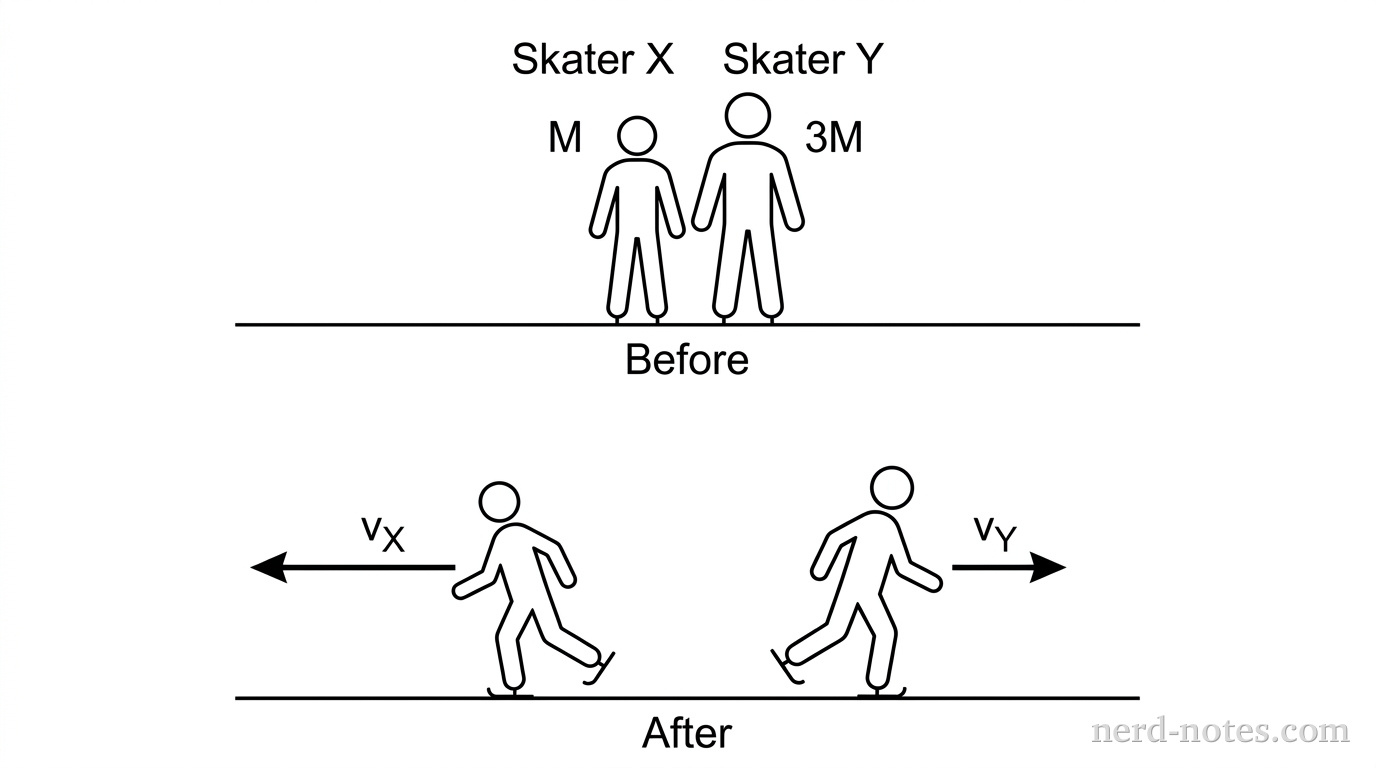 A two-panel diagram of two skaters on ice. In the top panel labeled Before, Skater X (mass M) and Skater Y (mass 3M) are standing together at rest. In the bottom panel labeled After, Skater X is moving to the left with a velocity vector arrow labeled v_X, and Skater Y is moving to the right with a velocity vector arrow labeled v_Y. The vector arrow for v_X is three times the length of the vector arrow for v_Y.