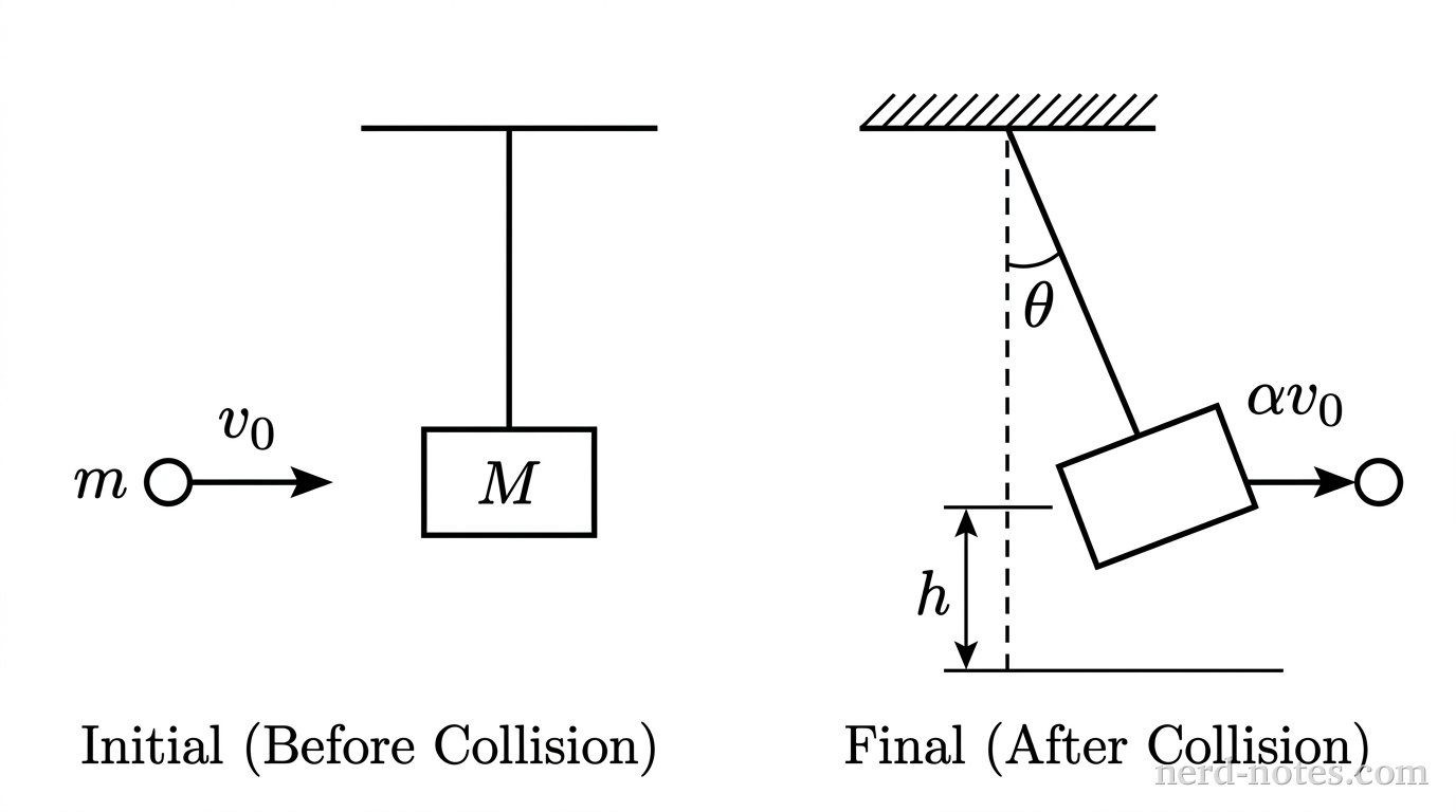 A two-part diagram. Part 1 shows a small projectile of mass m moving right with velocity v0 toward a block of mass M hanging at rest from a string. Part 2 shows the projectile has passed through and is moving right with velocity alpha*v0, while the block has swung up to a height h, with the string at an angle to the vertical.