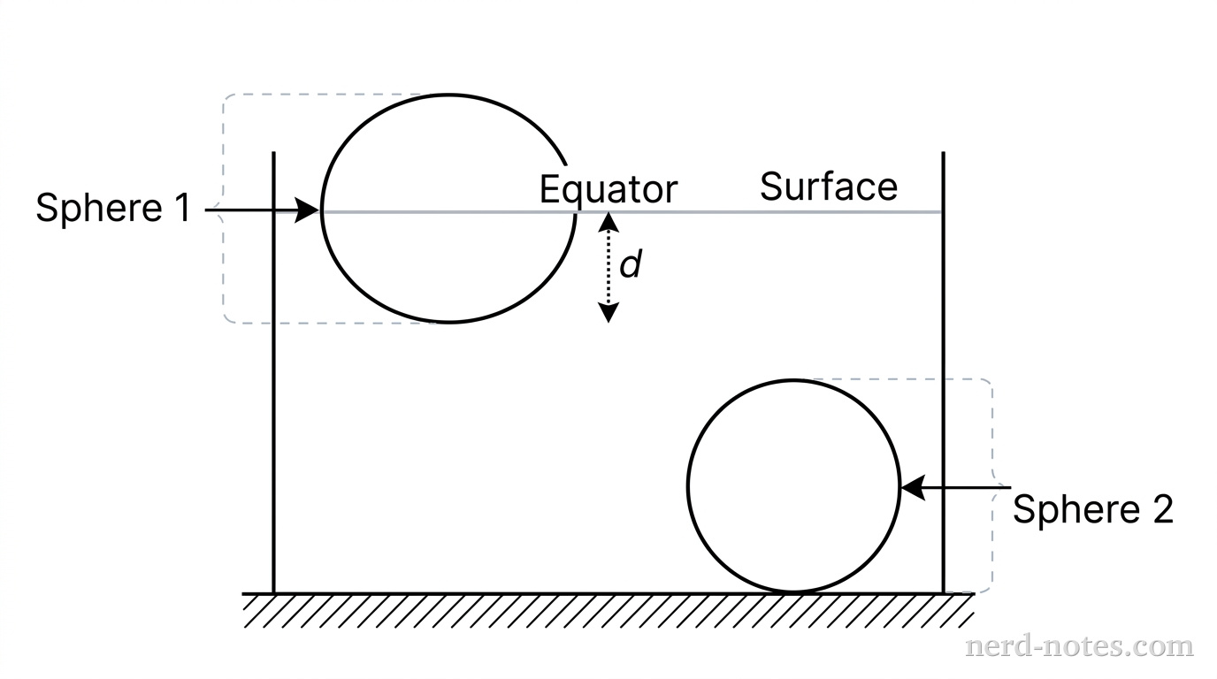 Two identical-looking spheres in a water tank. Sphere 1 is floating on the surface with its equator exactly at the waterline. Sphere 2 is resting on the flat bottom of the tank, fully submerged.