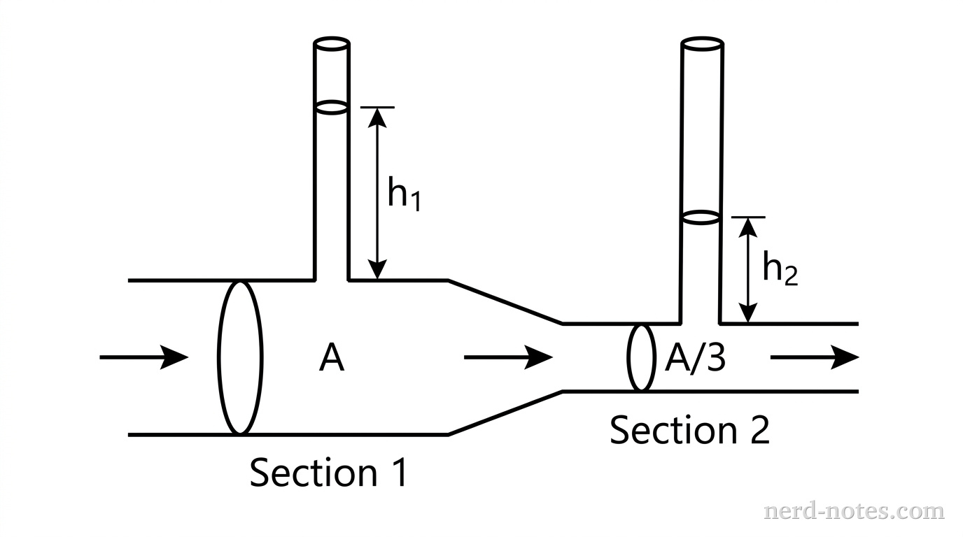 A horizontal pipe with a wider section on the left labeled Section 1 and a narrower section on the right labeled Section 2. The flow direction is from left to right. Section 1 has area A and a vertical tube showing liquid at height h1. Section 2 has area A/3 and a vertical tube showing liquid at height h2. The liquid level h1 is higher than h2. Both vertical tubes are open to the air at the top.