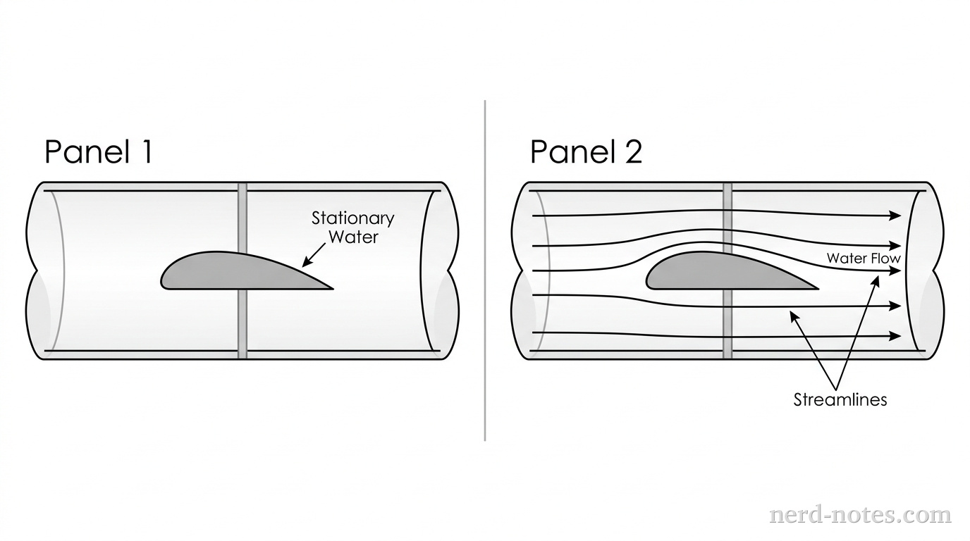 Two panels. Panel 1: A side view of a horizontal pipe filled with stationary water. A gray, asymmetric object (flat bottom, curved top like an airfoil) is held in the center. Panel 2: The same pipe and object, but water is flowing from left to right, indicated by several horizontal streamlines. The streamlines are closer together as they pass over the curved top of the object compared to the flat bottom.