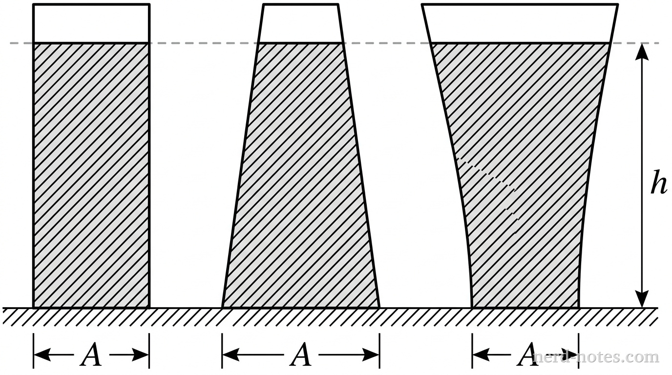 Three containers standing side-by-side on a horizontal surface, all filled to the same height h with a shaded liquid. Container 1 is a vertical cylinder. Container 2 is an inverted funnel shape (tapered, with the top narrower than the base). Container 3 is a funnel shape (flared, with the top wider than the base). All three have identical base widths labeled A. A dashed horizontal line connects the liquid surfaces across all three containers, showing they are at the same height h.