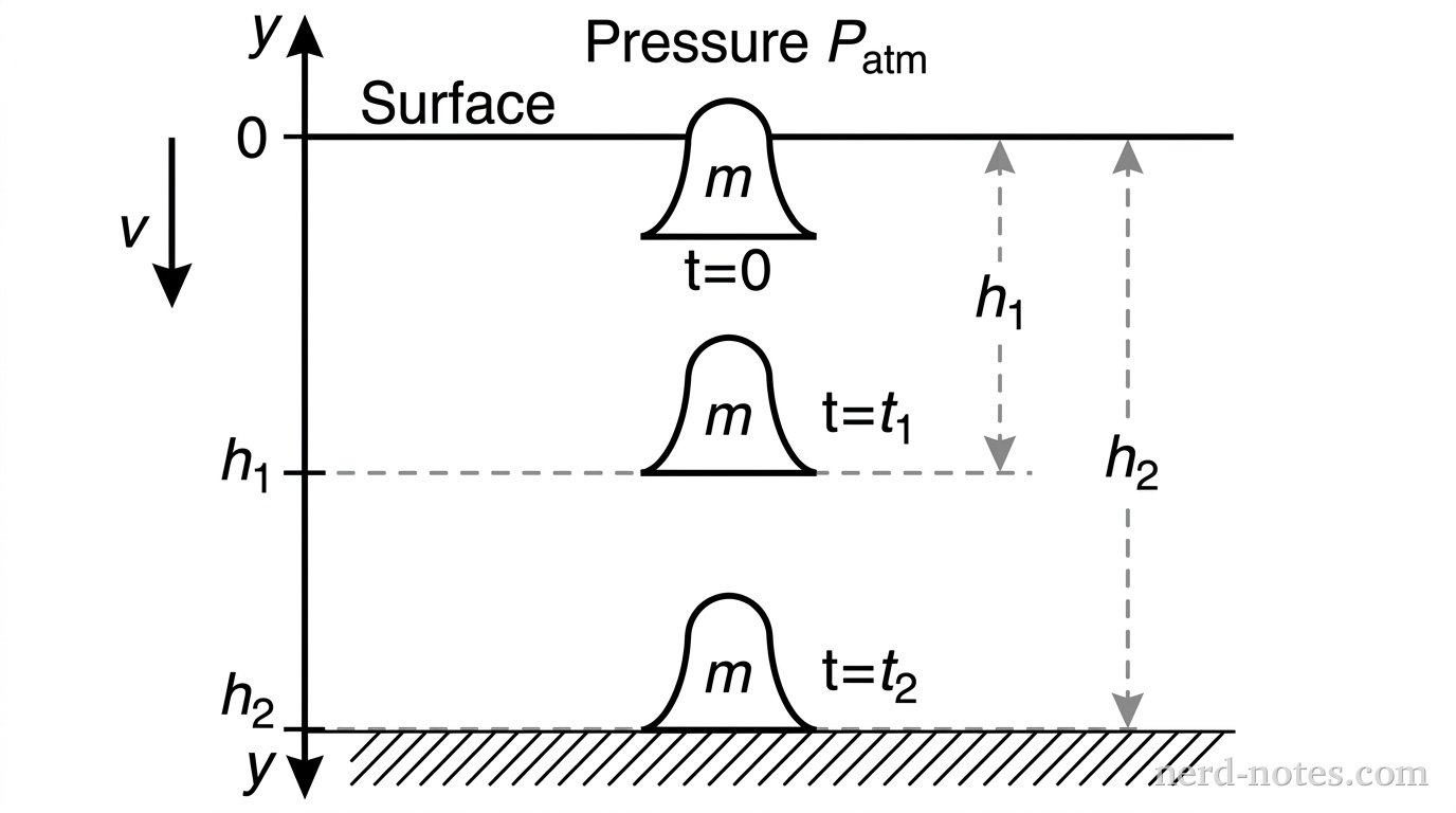 A vertical cross-section of a lake. A horizontal line at the top is labeled Surface where the pressure is P_atm. A vertical y-axis points downward from the surface. A bell-shaped object is shown at three positions: at the surface at time t=0, at a depth h_1 at time t_1, and at a deeper depth h_2 at time t_2. A downward-pointing vector arrow next to the bell is labeled v.