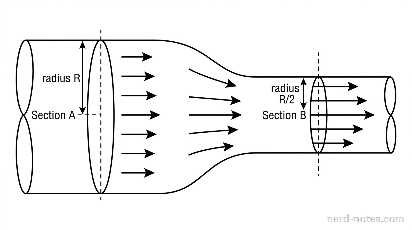 A horizontal pipe narrowing from left to right. Section A on the left is a wide cylinder with a dashed line across its cross-section labeled with radius R. Section B on the right is a narrower cylinder with a dashed line across its cross-section labeled with radius R/2. A smooth, tapered transition connects the two sections. Fluid flow is indicated by several horizontal arrows pointing to the right; the arrows in Section B are longer than the arrows in Section A to represent higher speed.