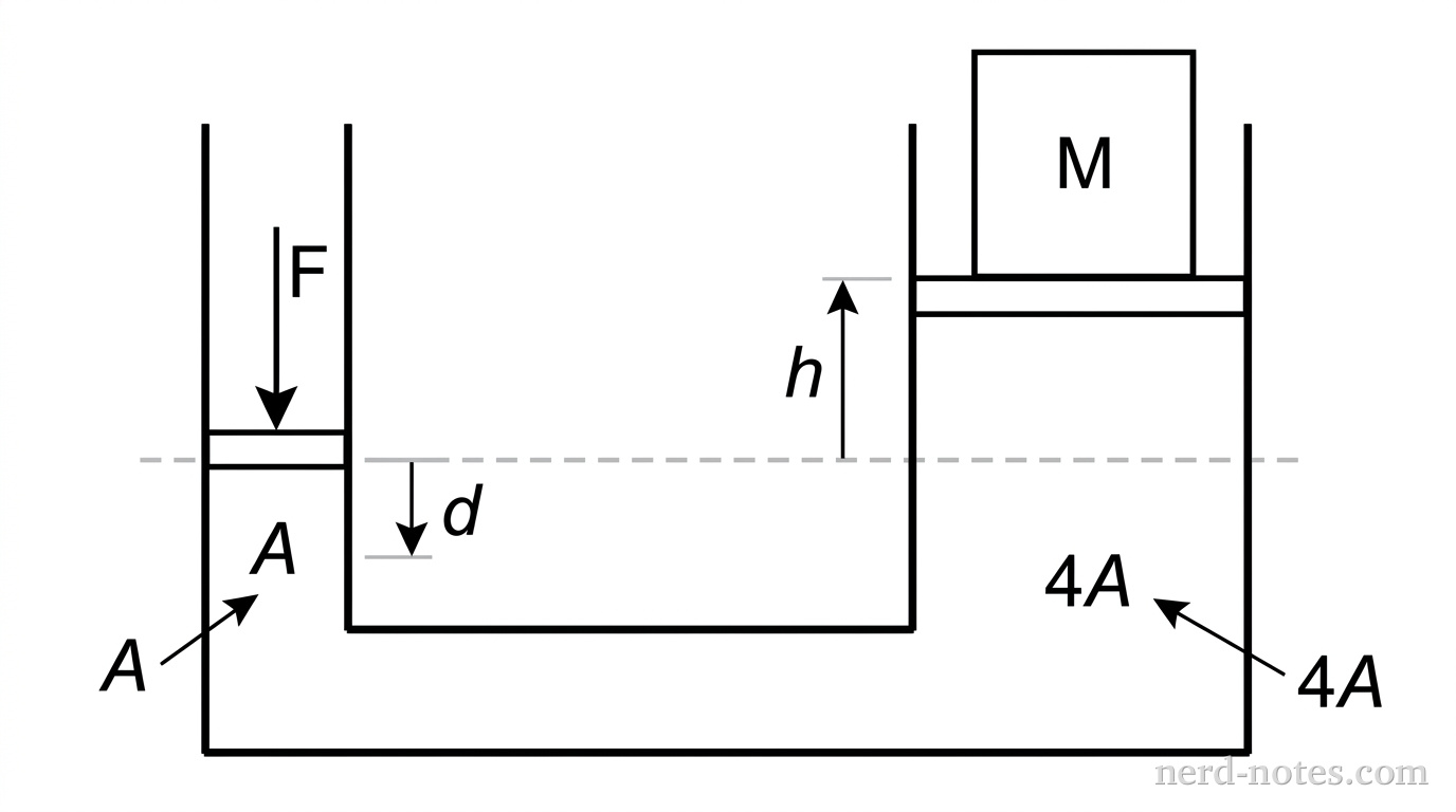 A U-shaped container with a narrow left arm of area A and a wide right arm of area 4A. A dashed horizontal line represents the initial fluid level. In the current state, the right piston is height h above the dashed line, supporting a mass M. The left piston is pushed down a distance d below the dashed line by a force F. The fluid fills the space between the two pistons.