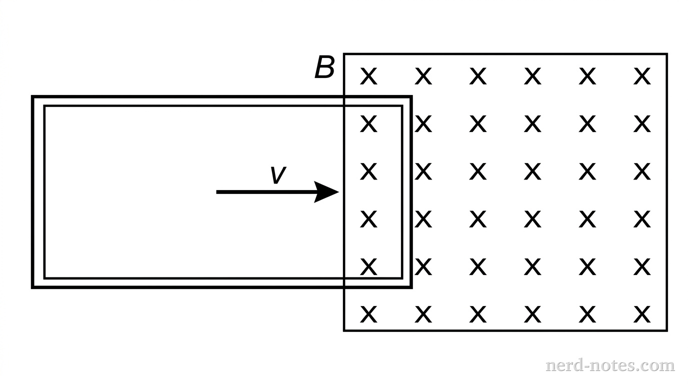 A diagram shows a rectangular wire loop moving to the right with a velocity vector arrow labeled v. To the right of the loop is a rectangular region filled with evenly spaced 'X' symbols, representing a uniform magnetic field B directed into the page. The loop is partially inside this region, with its right vertical side already within the field and its left vertical side still outside the field.