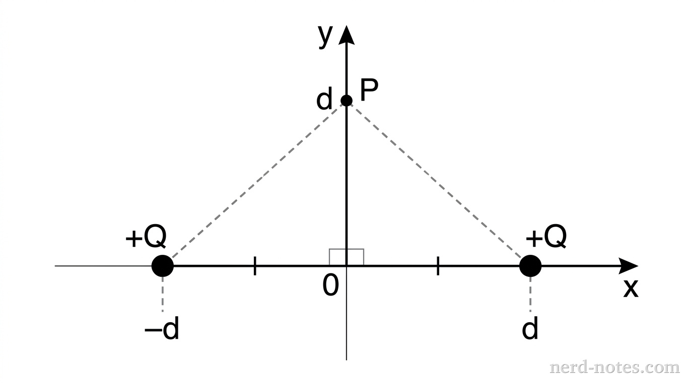 A coordinate plane showing two positive charges labeled +Q on the x-axis at x = -d and x = +d. A point P is marked on the positive y-axis at y = d. Dashed lines connect each charge to point P, forming two right triangles with the origin.