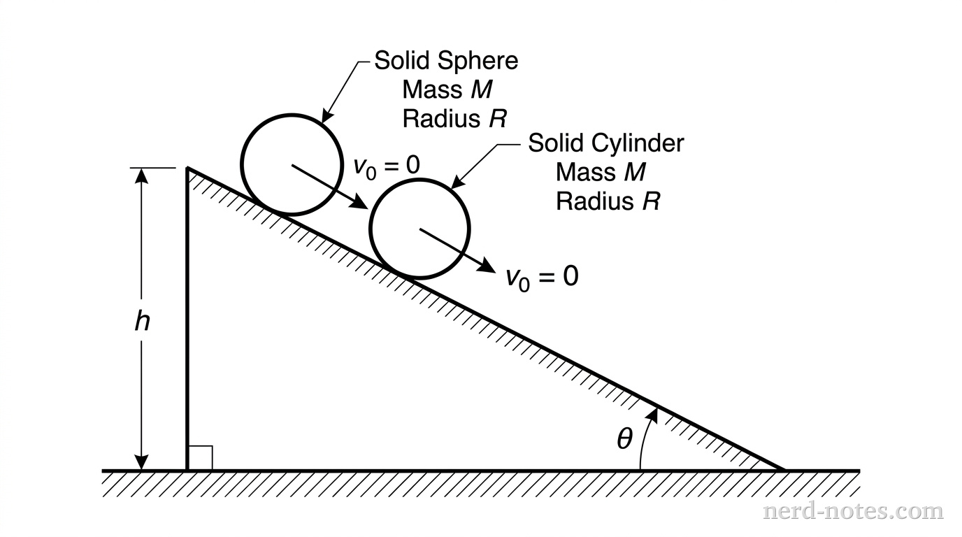 An incline plane of height h and angle theta. At the top of the incline are two objects: a solid sphere and a solid cylinder. Both are labeled with mass M and radius R. Arrows indicate they are starting from rest and will roll down the slope.