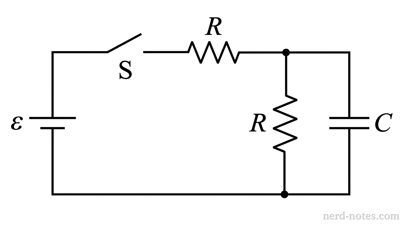 A circuit diagram showing an ideal battery with voltage epsilon. The battery is connected in series to a switch S and a resistor R1 (labeled R). After the resistor R1, the wire reaches a junction that splits into two parallel branches. The left parallel branch contains a resistor R2 (also labeled R). The right parallel branch contains a capacitor C. The two branches then rejoin and return to the negative terminal of the battery.