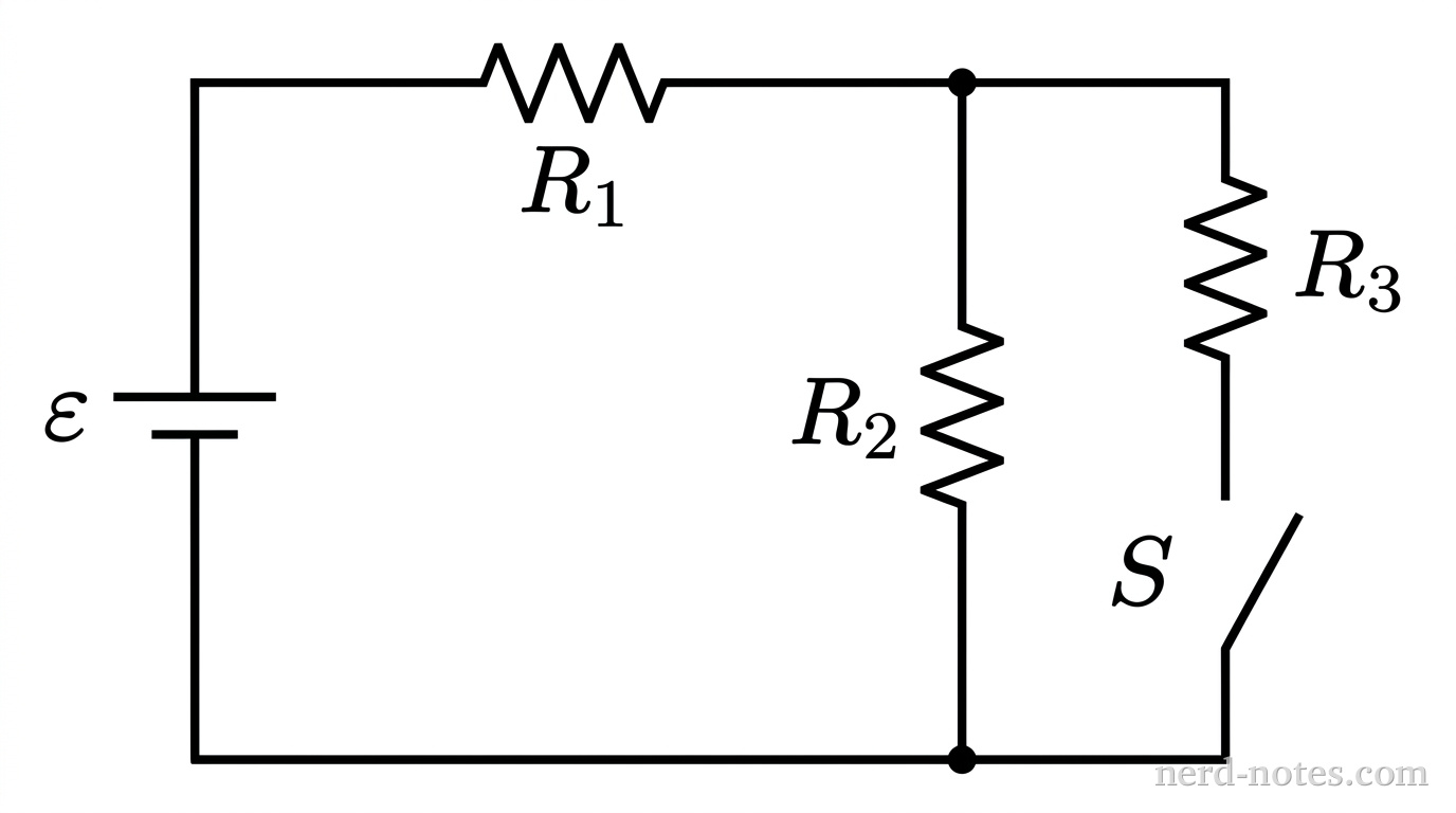 The diagram shows a rectangular DC circuit schematic. On the left vertical wire, there is an ideal battery labeled with emf \(\varepsilon\), with the longer line representing the positive terminal at the top. From the top wire, current flows to the right through a resistor labeled \(R_1\). After \(R_1\), the wire reaches a junction point where it splits into two parallel vertical paths. The left-most parallel path contains a single resistor labeled \(R_2\). The right-most parallel path contains a resistor labeled \(R_3\) and a switch \(S\) that is initially shown in the open position. Both vertical paths rejoin at a lower junction point. A single horizontal wire connects this lower junction back to the bottom negative terminal of the battery. No other labels, lines, text, or axes appear.