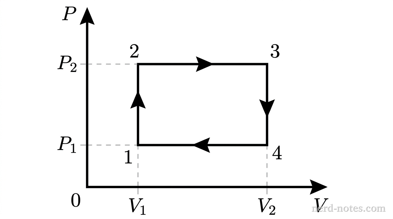 A P-V diagram showing a cyclic process for an ideal gas. The horizontal axis represents volume V, and the vertical axis represents pressure P. State 1 is at low pressure P_1 and low volume V_1. State 2 is at high pressure P_2 and low volume V_1. State 3 is at high pressure P_2 and high volume V_2. State 4 is at low pressure P_1 and high volume V_2. The path goes vertically up from 1 to 2, horizontally right from 2 to 3, vertically down from 3 to 4, and horizontally left from 4 to 1. Direction arrows on the rectangle point clockwise.