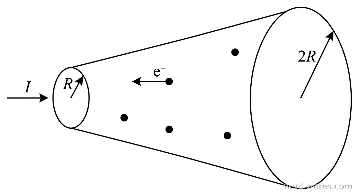 A horizontal tapered cylindrical conductor extending along the horizontal axis. On the left side, cross section 1 has a smaller circular radius labeled R. On the right side, cross section 2 has a larger circular radius labeled 2R. A steady current I enters from the left and exits to the right. Conduction electrons move to the left. No other labels, lines, text, or axes appear.